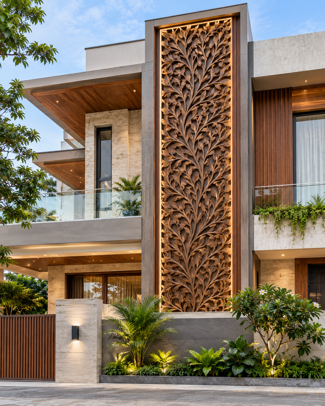 Luxury home exterior with a tall illuminated bronze leaf screen